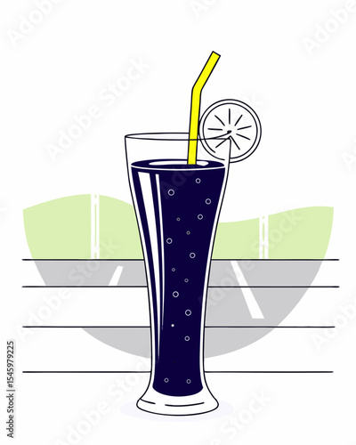 Tall Glass of Dark Soda with Lemon Slice and Straw on a Sunny Road Trip