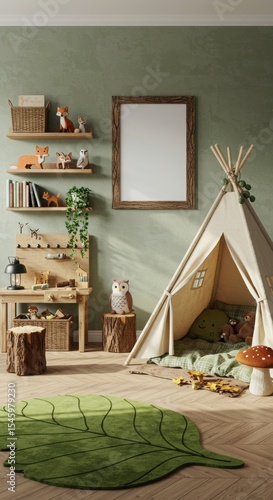 Cozy woodland-themed children's room with a vertical frame mockup