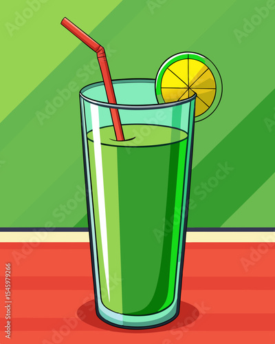 Refreshing Green Juice in a Glass with a Red Straw and Lemon Slice Decoration