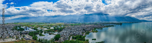 The panoramic scenery of Cangshan Mountain and Erhai Lake in Dali, Yunnan