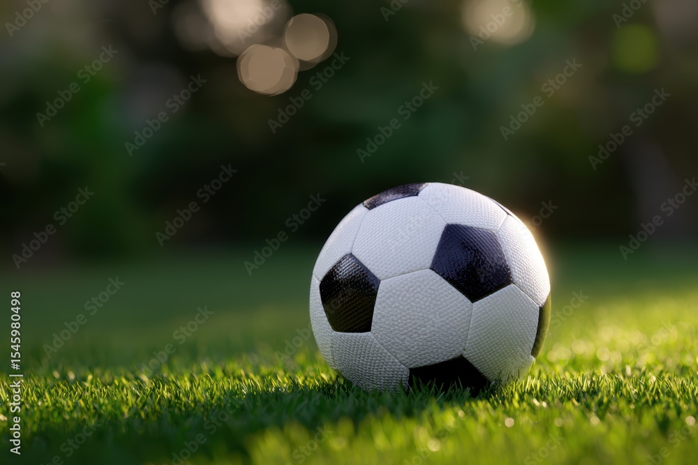 Fototapeta premium Soccer ball on green field in morning light