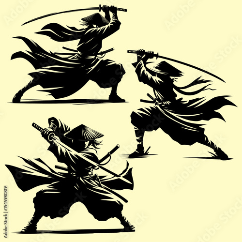 Powerful vector silhouette of a lone ronin drawing his katana in a dynamic stance. The design captures the essence of ancient Japanese warriors with dramatic posture and flowing garments.