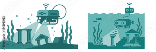 Exploring underwater ruins with advanced robotics technology in a deep ocean environment