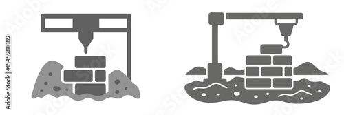 Construction site with machinery assembling bricks for building during daylight hours