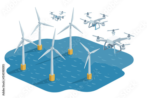 Drones monitoring wind turbines in a renewable energy project on the ocean
