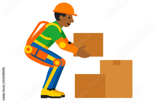 Construction worker lifting boxes at a job site during daytime in a bustling urban area