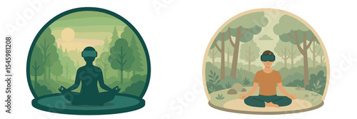 Virtual reality meditation in tranquil forest setting showcasing mindfulness and relaxation techniques