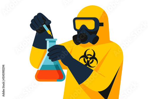 Laboratory technician conducting an experiment with a chemical solution in a biohazard suit at a lab facility