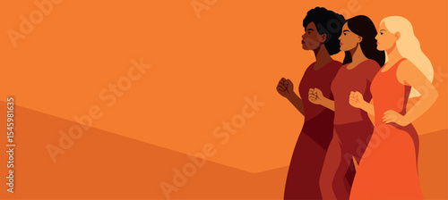 Women's day. Vector banner with space for text. Three women of different nationalities and cultures together. Movements for gender equality and women's empowerment. Women's power, equality, feminism