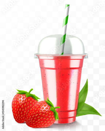 Clear plastic cup with strawberry juice or smoothie. Cup with sphere dome cap for milkshake, lemonade. Fruity organic shake. Fruit cocktail. Realistic 3d vector template