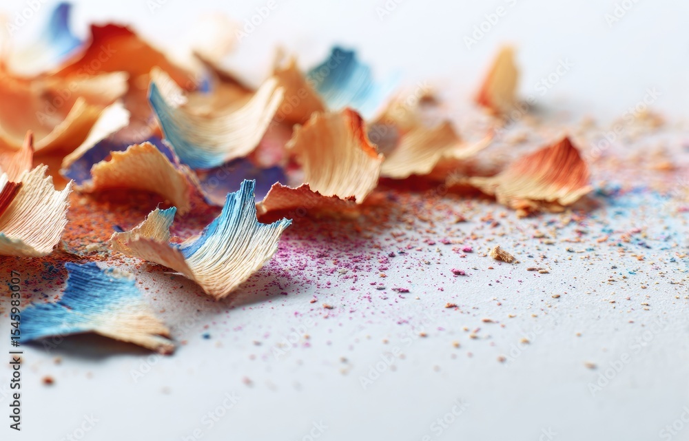 Colorful pencil shavings and dust scattered on a light gray surface, exhibiting a variety of textures and hues Colorful pencil shavings and dust scattered on a light gray surface, exhibiting a variety of textures and hues