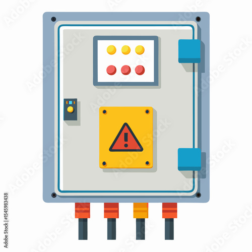 Detailed illustration of an electrical breaker box with caution labels