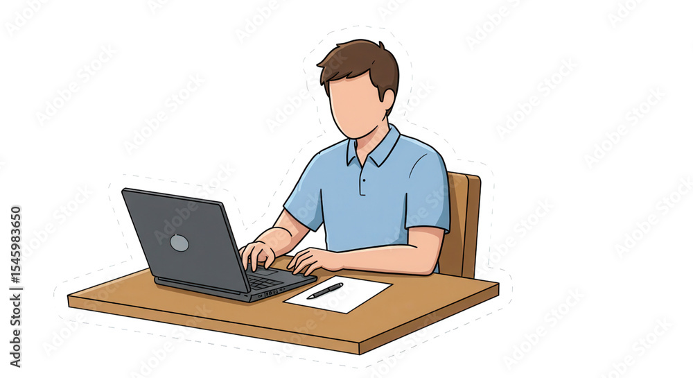 Cartoon Illustration of Person Working on Laptop at Desk Cartoon Illustration of Person Working on Laptop at Desk