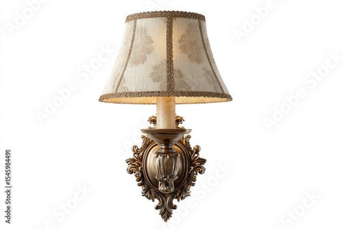 Elegant wall-mounted lamp with ornate bronze base and creamy floral-patterned shade