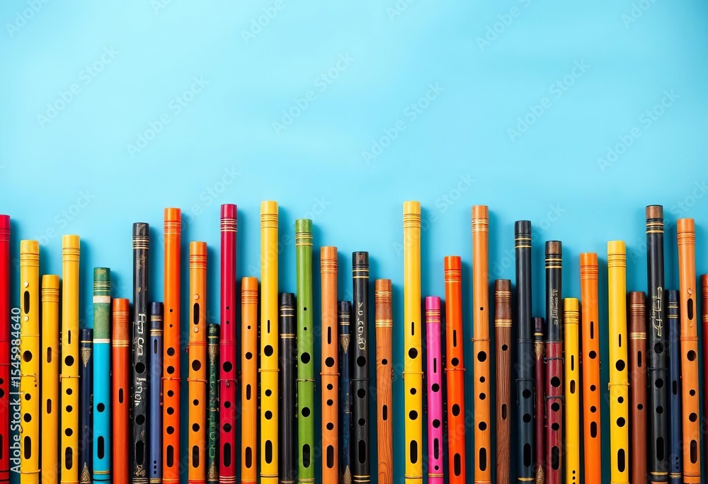 Vibrant flutes arranged in colorful repeating pattern against a serene blue backdrop, harmony, blue Vibrant flutes arranged in colorful repeating pattern against a serene blue backdrop, harmony, blue