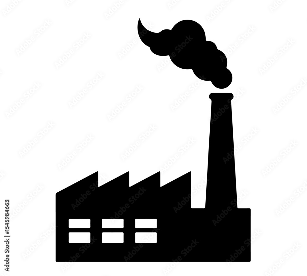 A black icon of a factory building with smoking chimneys. Its simple black silhouette on a white background makes it versatile for maps, infographics, environmental discussions, business presentations