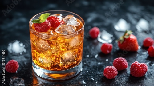Wallpaper Mural Refreshing Berry Infused Whiskey Cocktail Garnished with Mint and Fresh Berries Served Over Ice on a Dark Slate Surface Torontodigital.ca