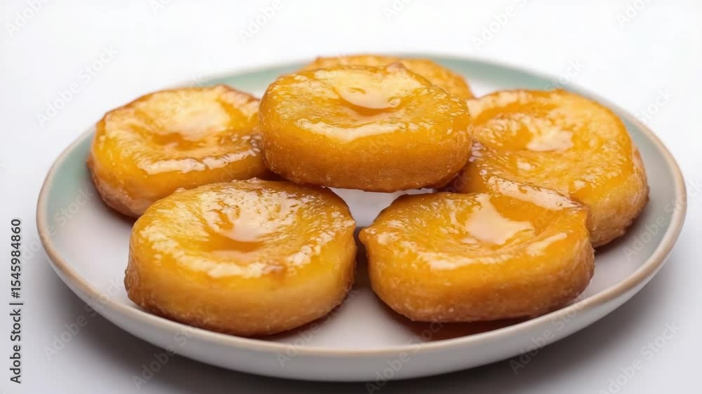 Six golden brown donuts with glaze on white plate. Six golden brown donuts with glaze on white plate.