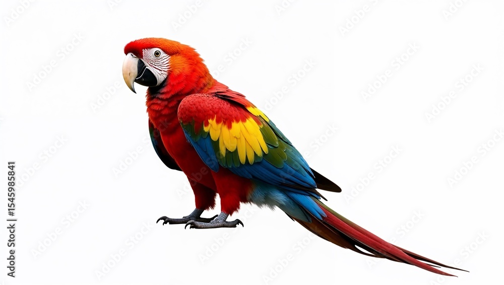 Fototapeta premium Vibrant scarlet macaw parrot with colorful feathers on a white background