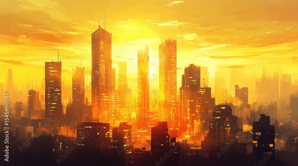 Fototapeta premium Stunning Sunset Over Urban Skyline with Silhouette of Buildings