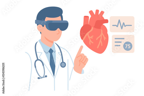 Doctor using virtual reality to explore human heart anatomy and health metrics in a modern medical setting