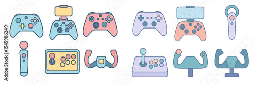 Different types of gaming controllers displayed in various colors and designs for modern gaming setups