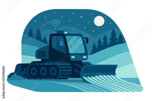 Heavy machinery clears snowy landscape at night while the moon shines overhead