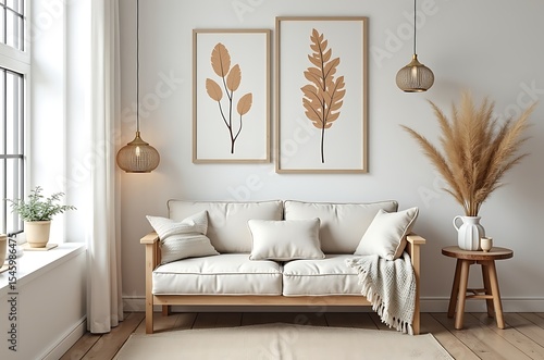 Beige Sofa Home Decor Simple Plant Prints Botanical Still Life ai generated