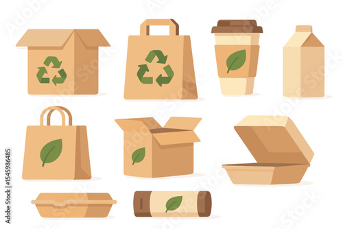 Eco-friendly packaging options displayed with recyclable materials in a clean layout on a light background