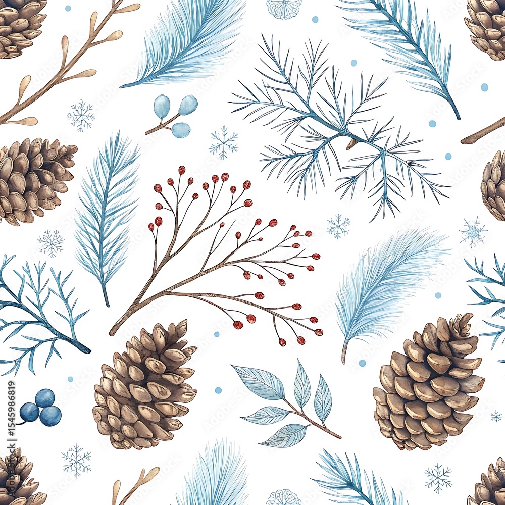 Fototapeta premium Winter Pinecones and Branches Seamless Watercolor Pattern