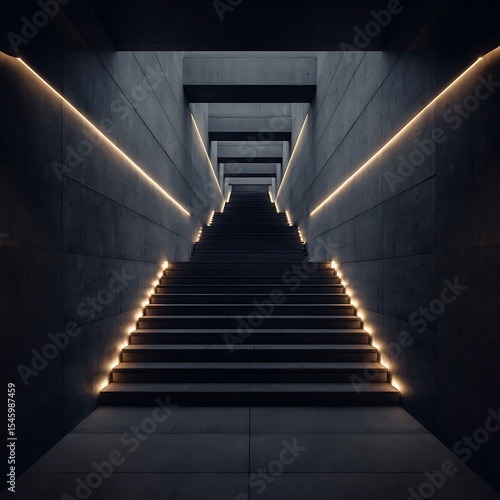 A long and dark stairs with illuminating lights surrounding going up towards an opening to the next level; a dark ominous stairs case to the top; success and hardship; climb to .