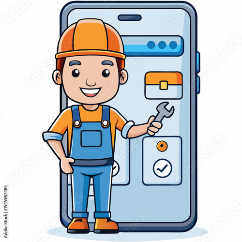 Handyman repairing mobile phone vector illustration