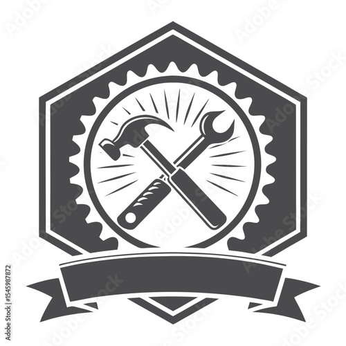 Vintage repair shop logo with crossed hammer and wrench