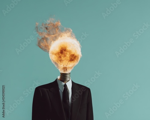 A man's head is on fire, with a light bulb in the middle of the flames
