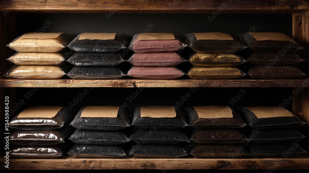 Naklejka premium Assorted sealed grain packs on tiered wood shelves with uniform product placement