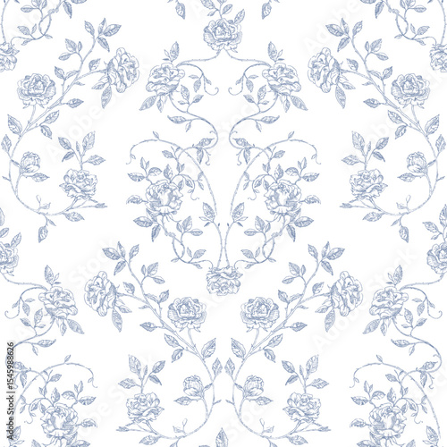 Seamless toile-style pattern with vintage roses and delicate blue vines on  white background.