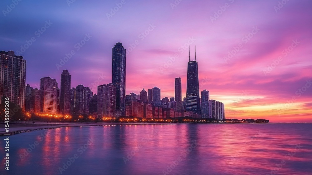 Fototapeta premium Stunning Sunset Over Chicago Skyline with Colorful Sky Reflections