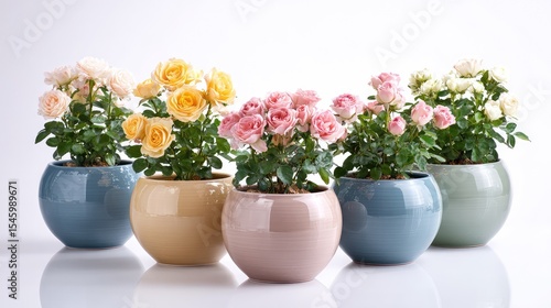 Wallpaper Mural Fresh roses in pastel ceramic planters on bright white background, evenly spaced Torontodigital.ca