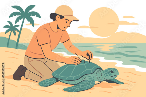 Marine biologist tags sea turtle on the beach during sunset to monitor its migration patterns and health