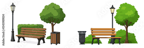 Park benches under streetlights surrounded by green trees and bushes in a tranquil outdoor setting