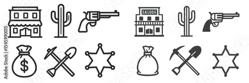 Wild West themed icons depicting a saloon, weapons, and money bags in a desert landscape
