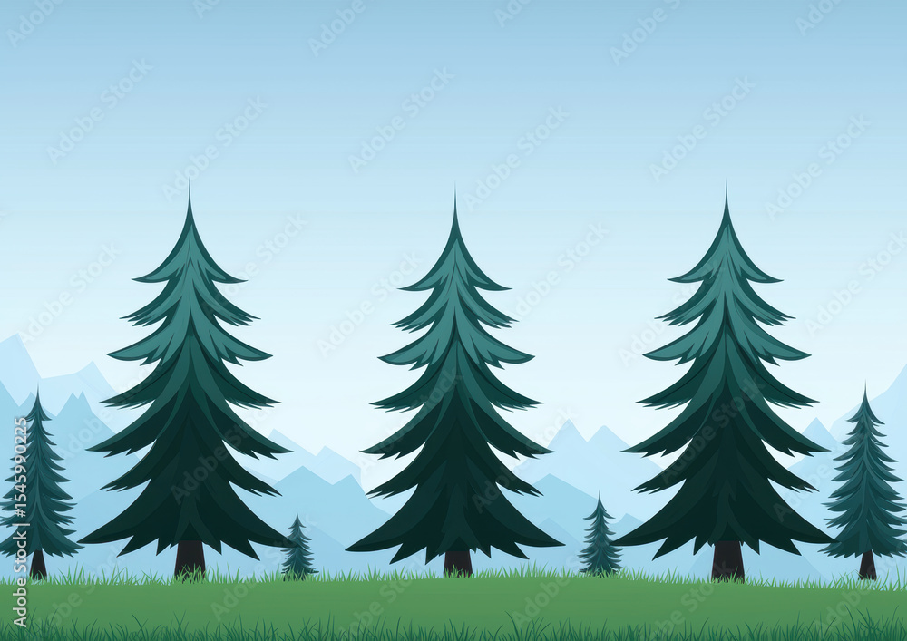 Obraz premium Tall evergreen trees stand majestically against serene blue sky, creating peaceful forest scene with mountains in background