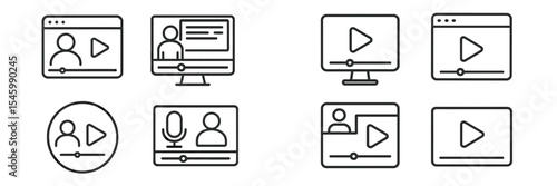 Collection of digital media icons depicting video, audio, and user interaction designs on screen