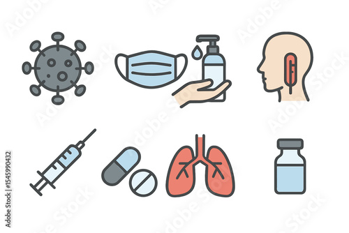 Health and safety symbols representing pandemic measures and medical interventions for respiratory care