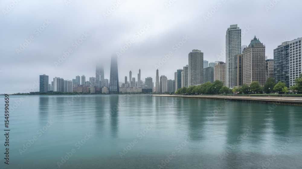 Misty Cityscape of Chicago with Skyscrapers and Calm Water Misty Cityscape of Chicago with Skyscrapers and Calm Water
