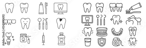 Dental care icons illustrating oral hygiene tools, treatments, and preventive practices in a simple design layout