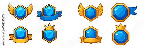 A collection of diverse blue gemstone badges arranged in different styles