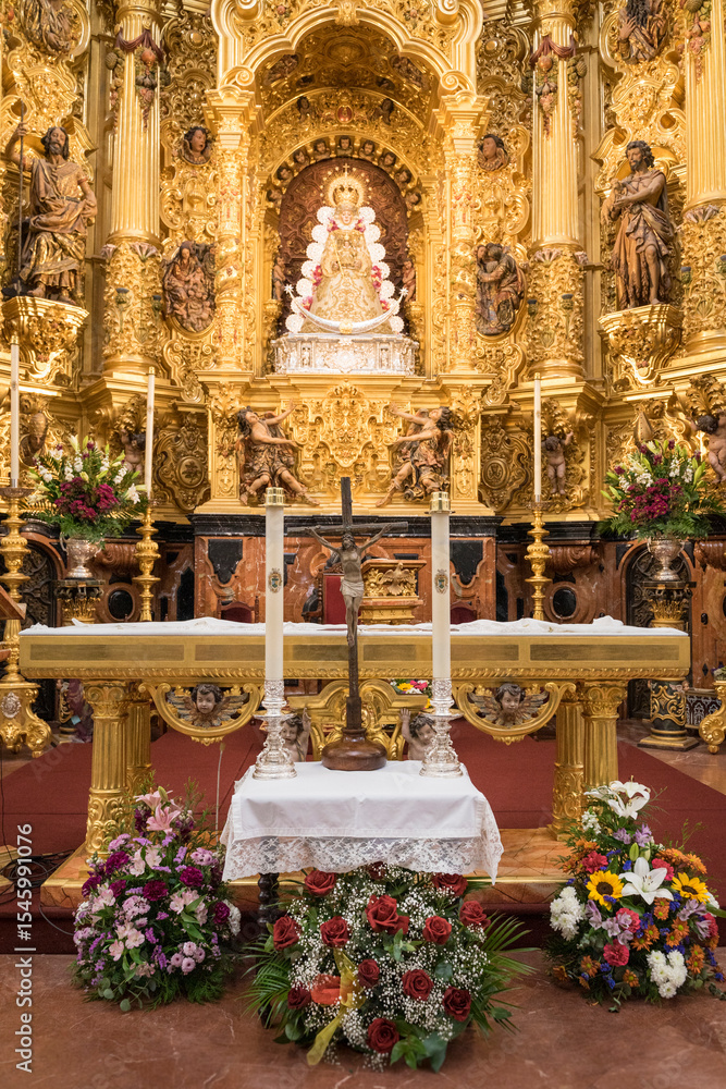 Obraz premium Virgen, Ornate Altar, Sanctuary of Nuestra Señora del Rocío in El Rocío, Andalusia, Spain, 2025 april