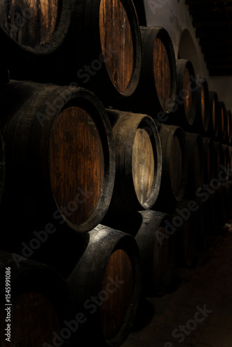 Stacks of Fino and Sherry Wine Barrels in a Cellar. Jerez de la Frontera, Andalusia, Spain, 2025 april