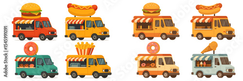 Colorful food trucks offering various tasty snacks at a lively street market during the afternoon